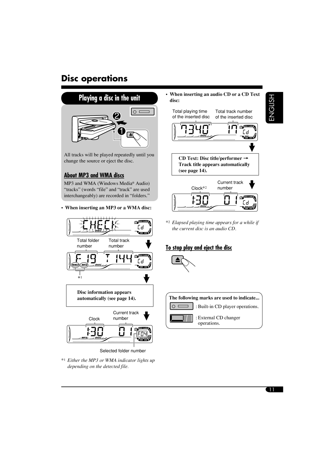 JVC KD-S52 manual Disc operations, About MP3 and WMA discs, To stop play and eject the disc 