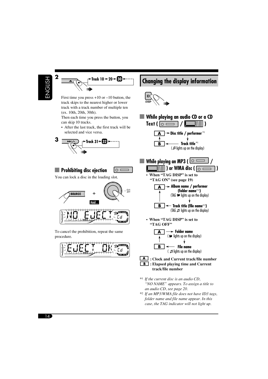 JVC KD-S52 manual Prohibiting disc ejection, Text While playing an MP3 Or WMA disc, While playing an audio CD or a CD 