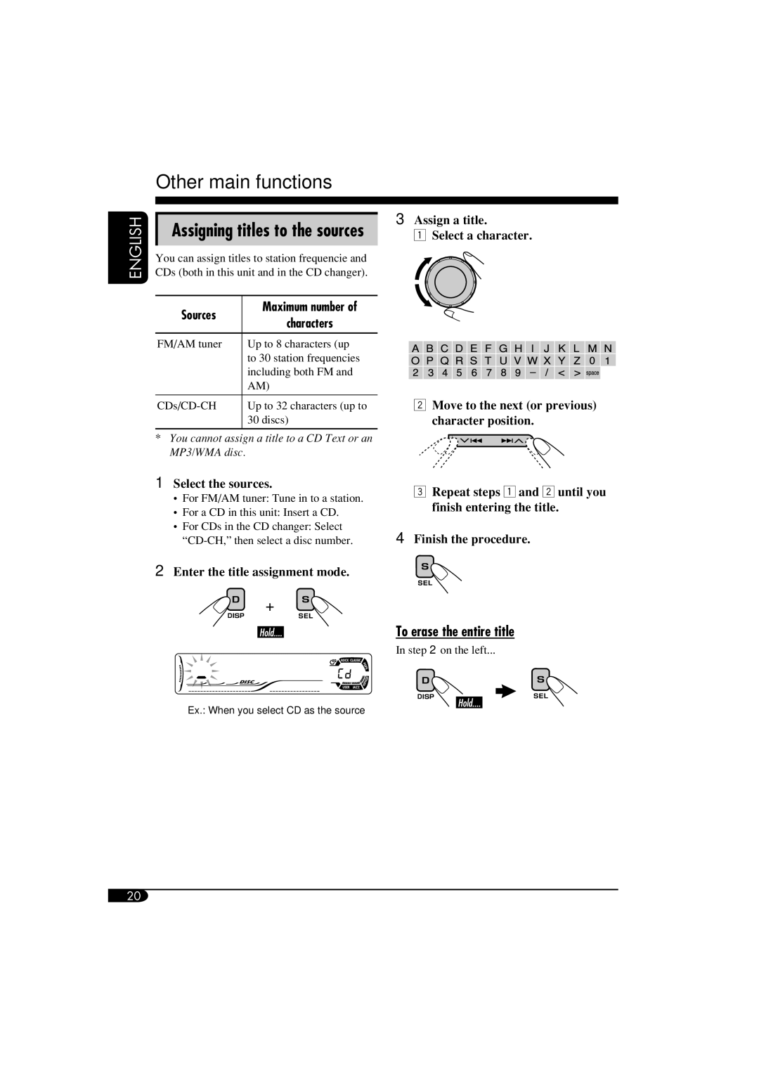 JVC KD-S52 manual Other main functions, Assigning titles to the sources, To erase the entire title, Sources, Characters 