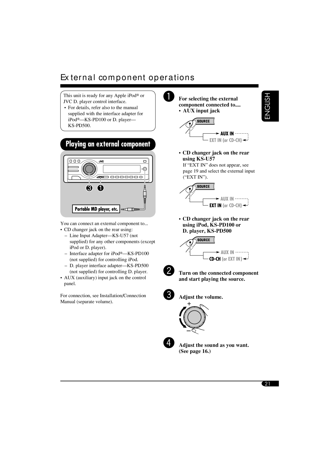 JVC KD-S52 manual External component operations, CD changer jack on the rear using KS-U57 