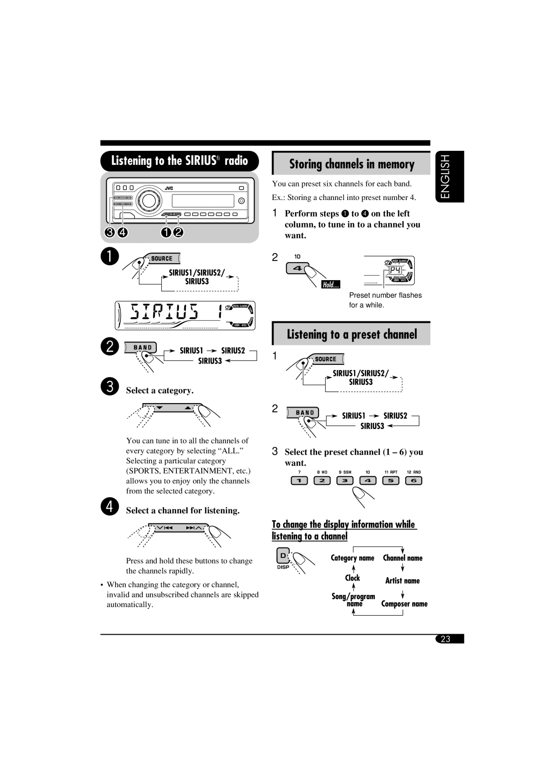 JVC KD-S52 manual Listening to a preset channel, Select a category, ⁄ Select a channel for listening 