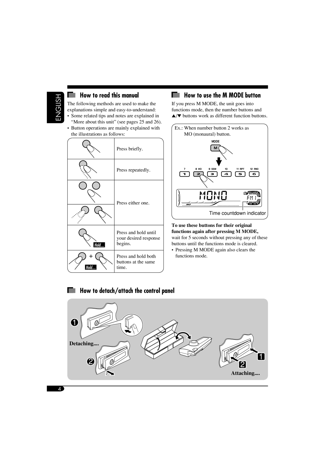 JVC KD-S52 How to read this manual, How to detach/attach the control panel, How to use the M Mode button 