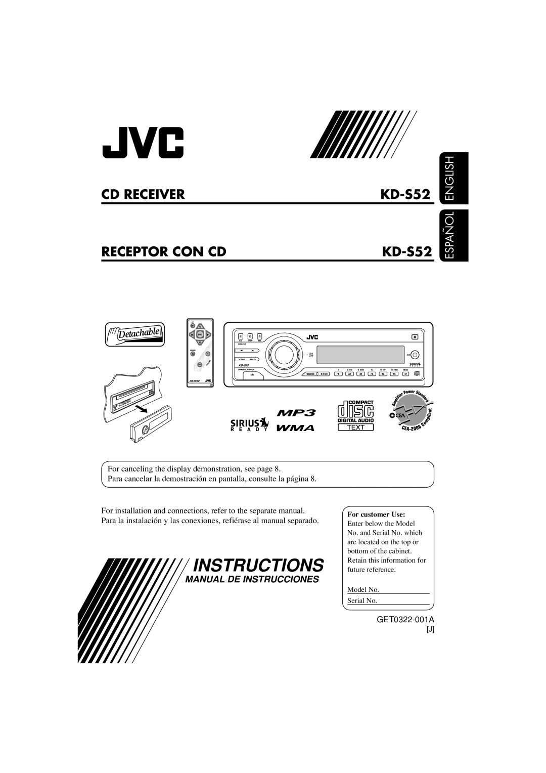 JVC manual Cd Receiver Receptor Con Cd, KD-S52 KD-S52, Español English, Instructions, Manual De Instrucciones 
