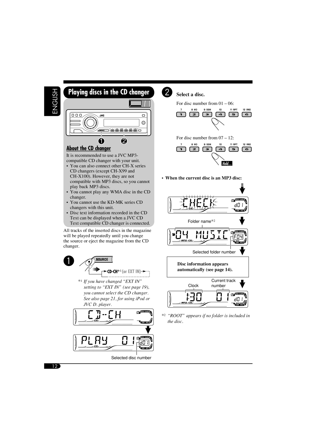 JVC KD-S52 manual About the CD changer, English, Playing discs in the CD changer, ŸSelect a disc 