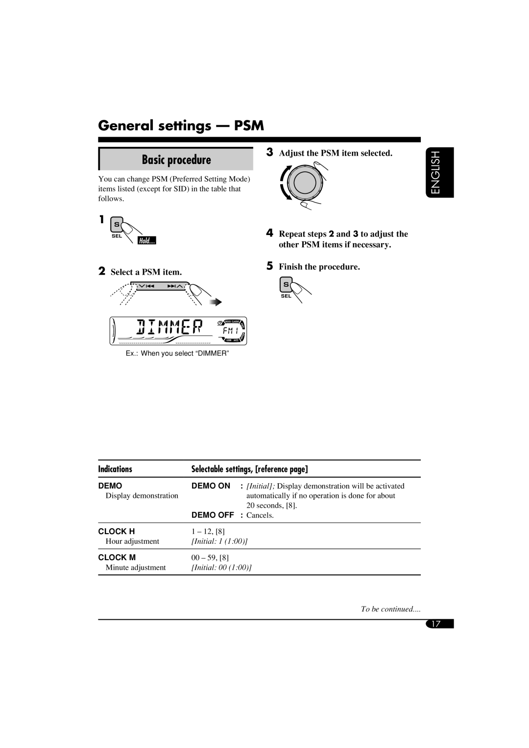JVC KD-S52 manual General settings - PSM, Basic procedure, English, 2Select a PSM item, 3Adjust the PSM item selected, Demo 