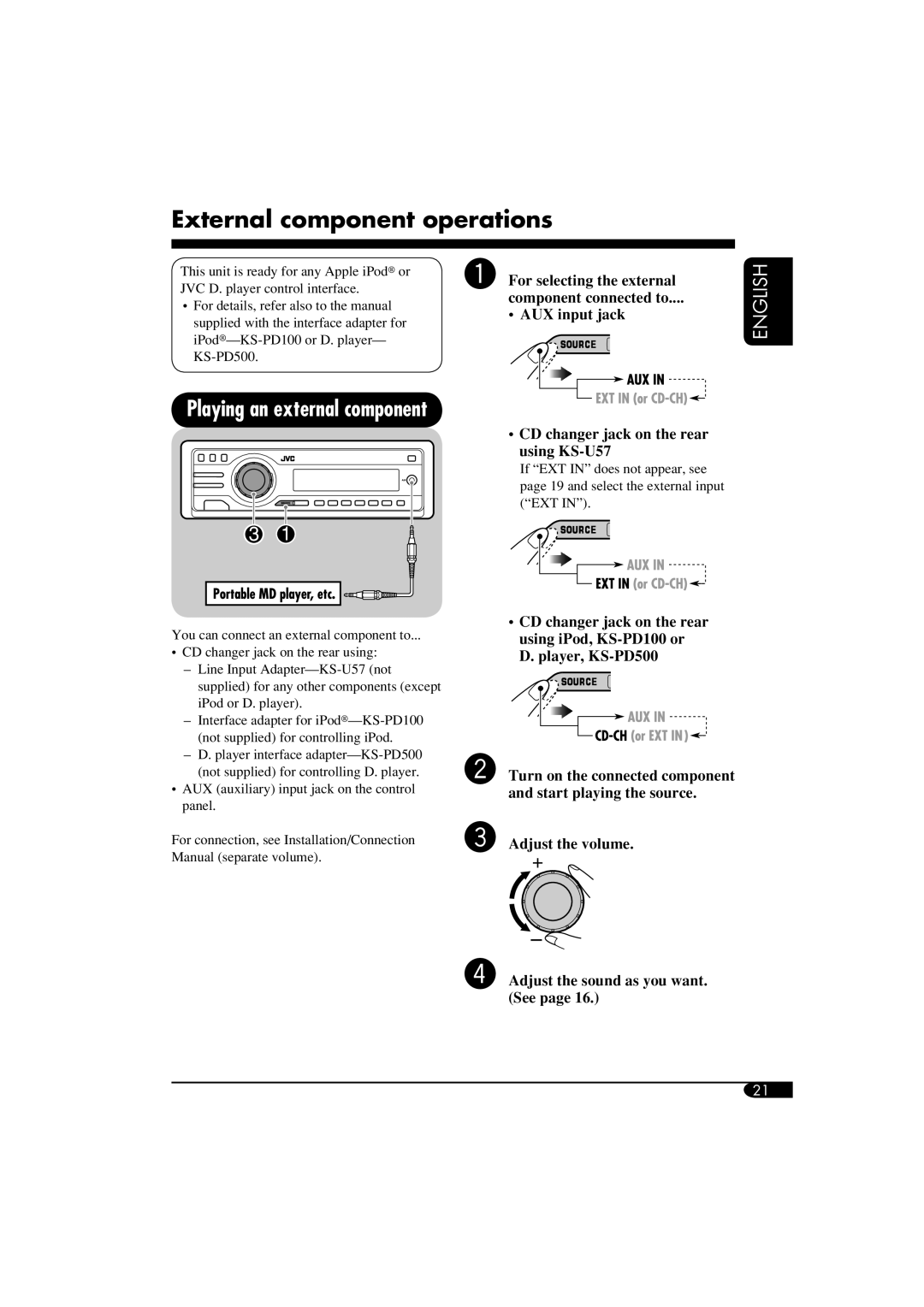 JVC KD-S52 manual External component operations, Playing an external component, English, AUX input jack, Adjust the volume 