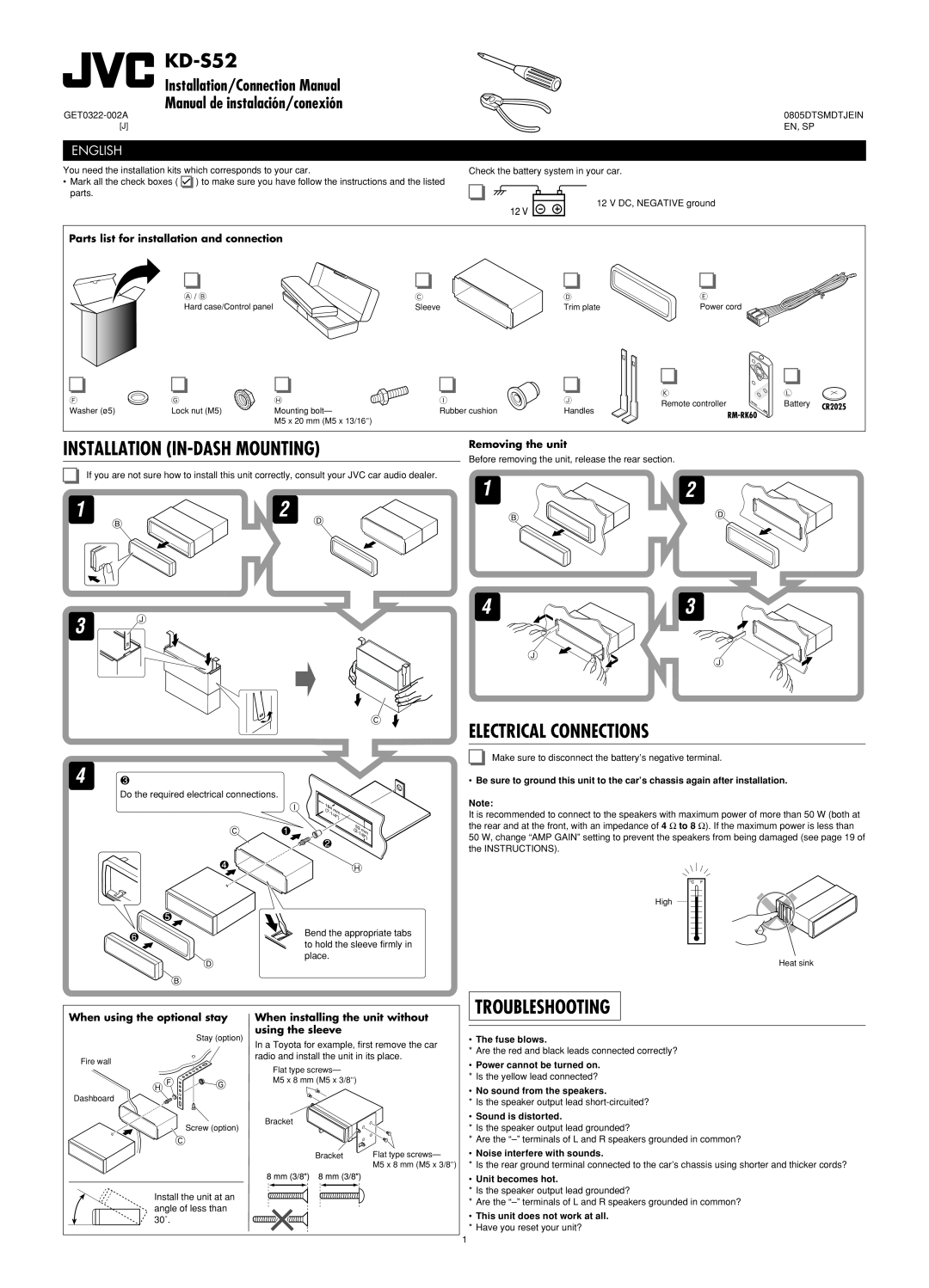 JVC KD-S52 Installation In-Dashmounting, Electrical Connections, Troubleshooting, Installation/Connection Manual, English 