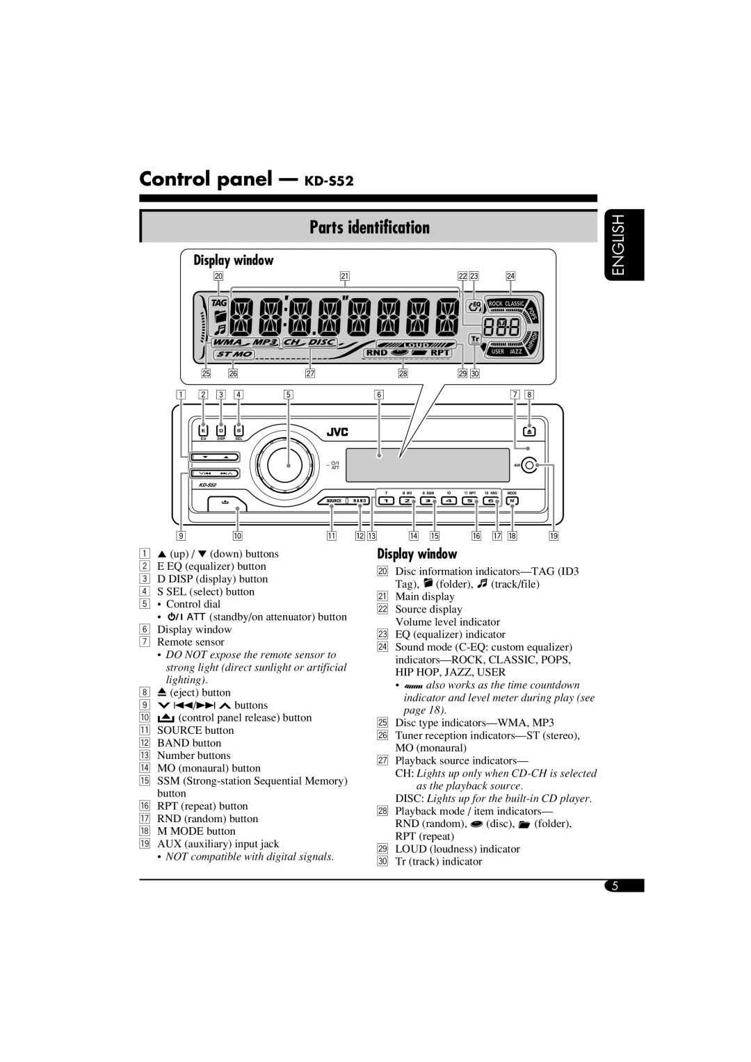 JVC manual Control panel - KD-S52, Parts identification, Display window, English, NOT compatible with digital signals 