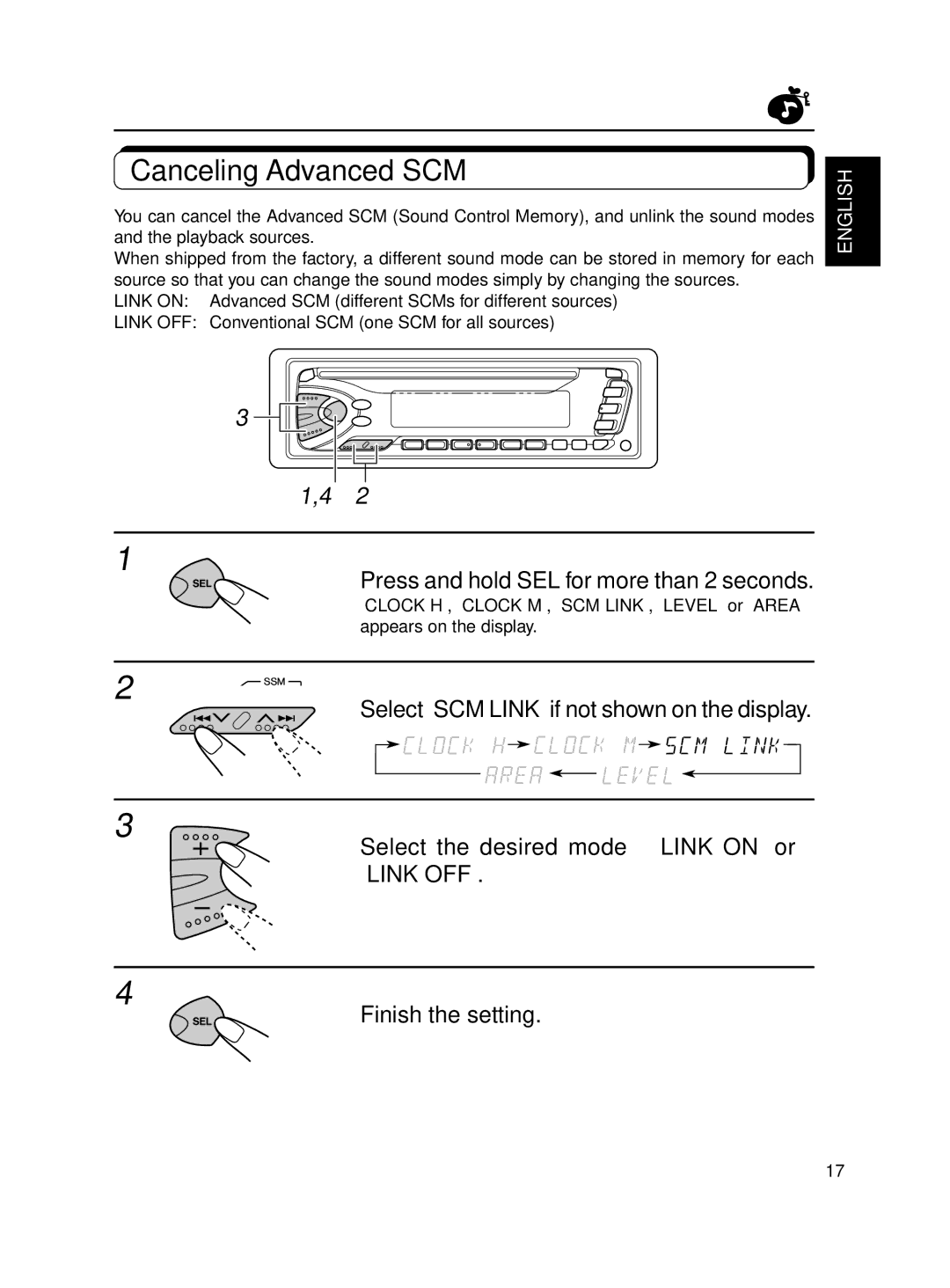 JVC KD-S600, KD-S550 manual Canceling Advanced SCM, Press and hold SEL for more than 2 seconds 