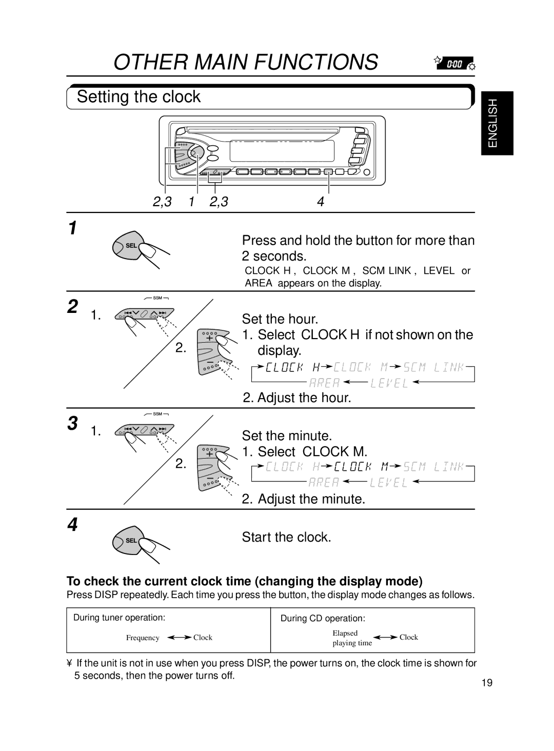 JVC KD-S600, KD-S550 manual Other Main Functions, Setting the clock, 1 2,34 