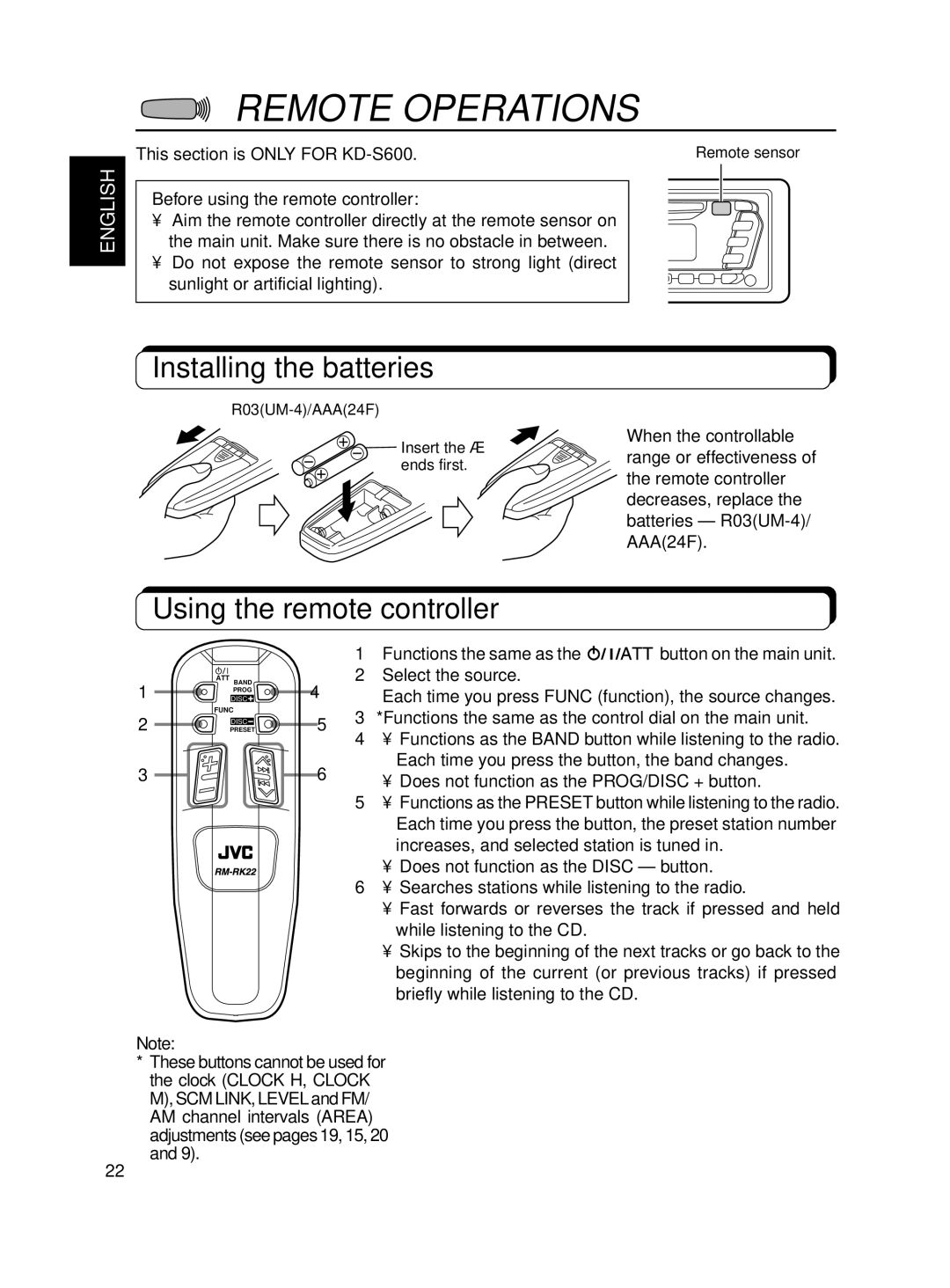 JVC KD-S550 Remote Operations, Installing the batteries, Using the remote controller, This section is only for KD-S600 