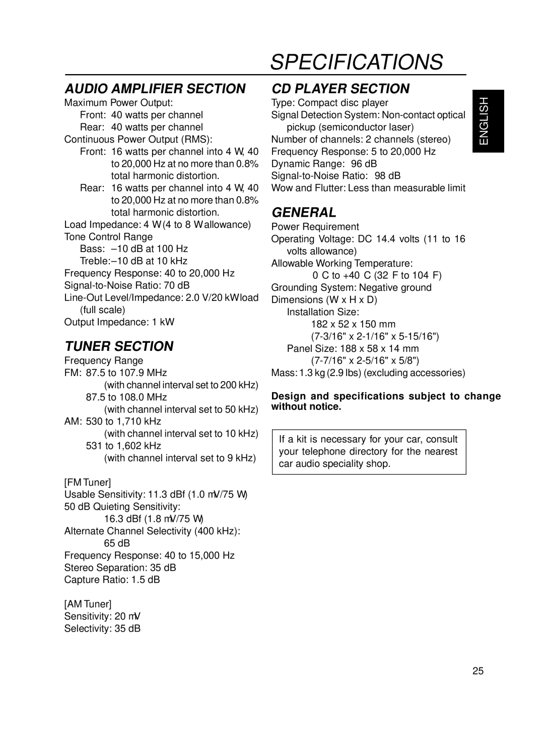 JVC KD-S600, KD-S550 manual Specifications, FM Tuner, AM Tuner 