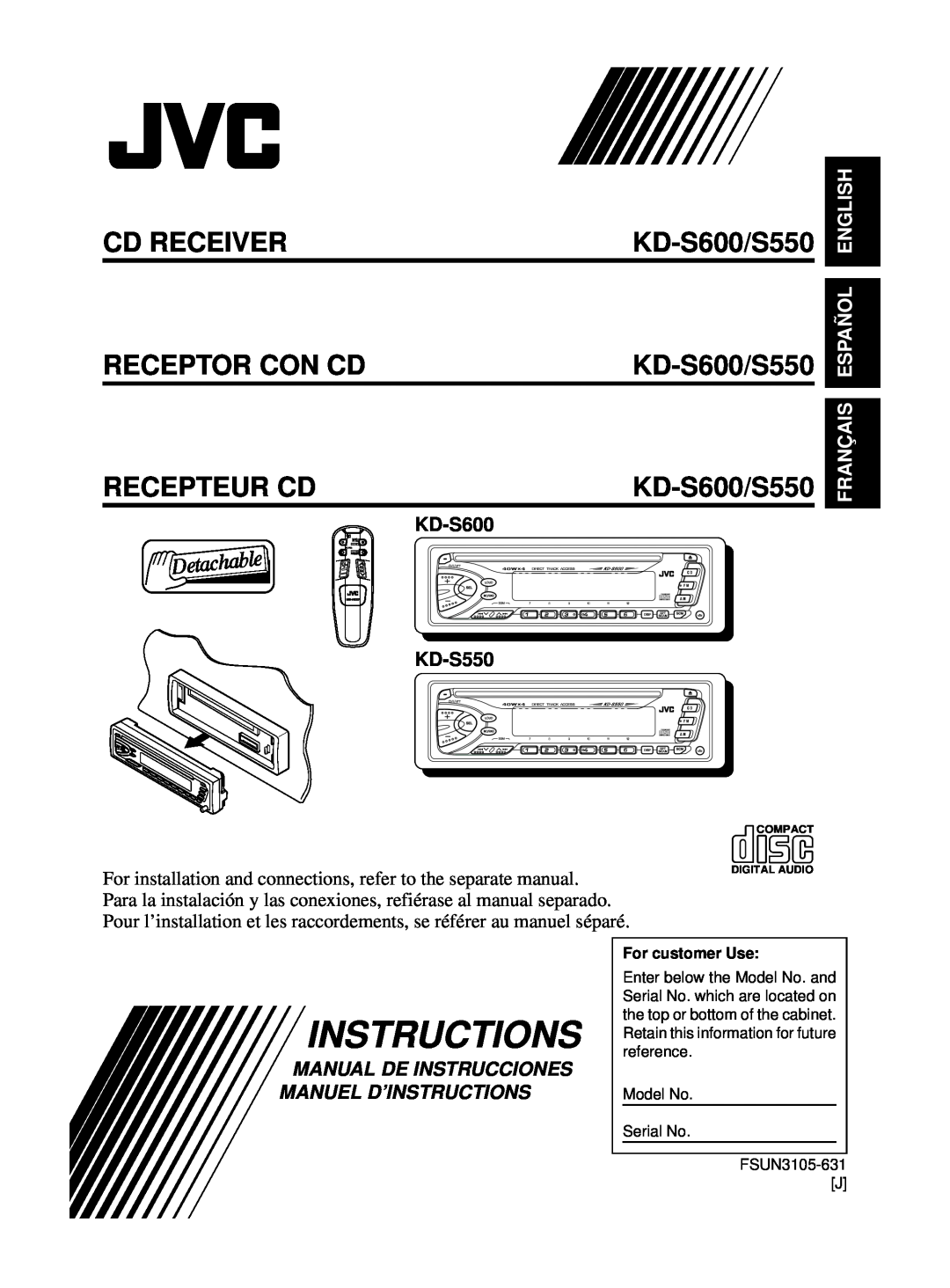 JVC KD-S600 manual Instructions, KD-S550, Français Español English, Cd Receiver Receptor Con Cd Recepteur Cd 