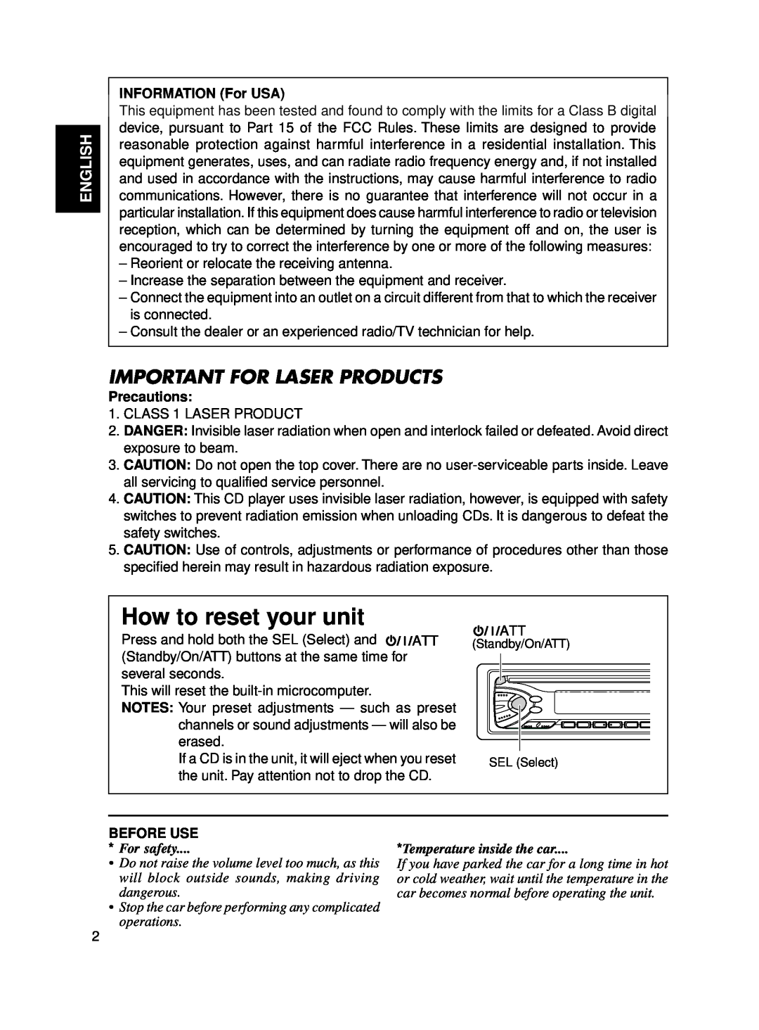 JVC KD-S550 How to reset your unit, Important For Laser Products, English, INFORMATION For USA, Precautions, Before Use 