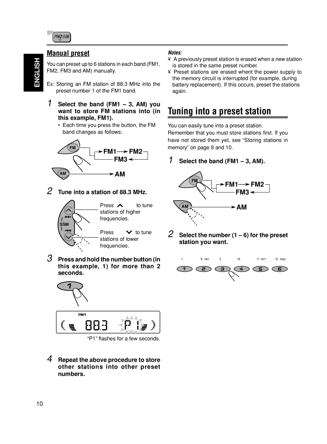 JVC KD-S580 manual Tuning into a preset station, Manual preset, Tune into a station of 88.3 MHz, Select the band FM1 3, AM 