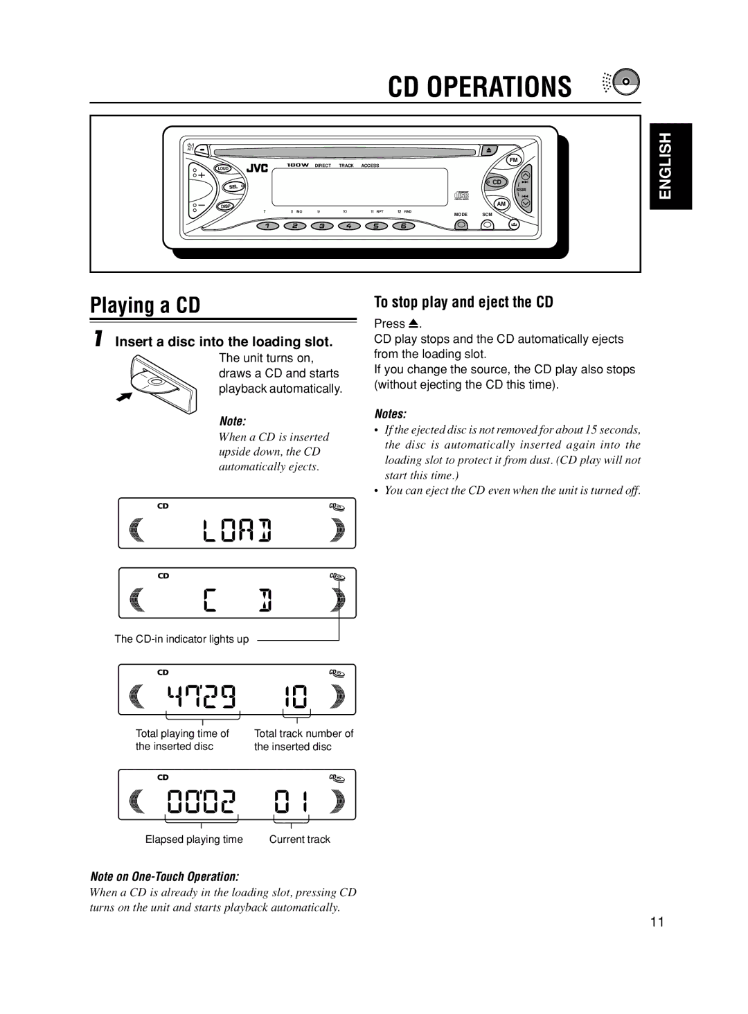 JVC KD-S580 manual CD Operations, Playing a CD, To stop play and eject the CD, Insert a disc into the loading slot 