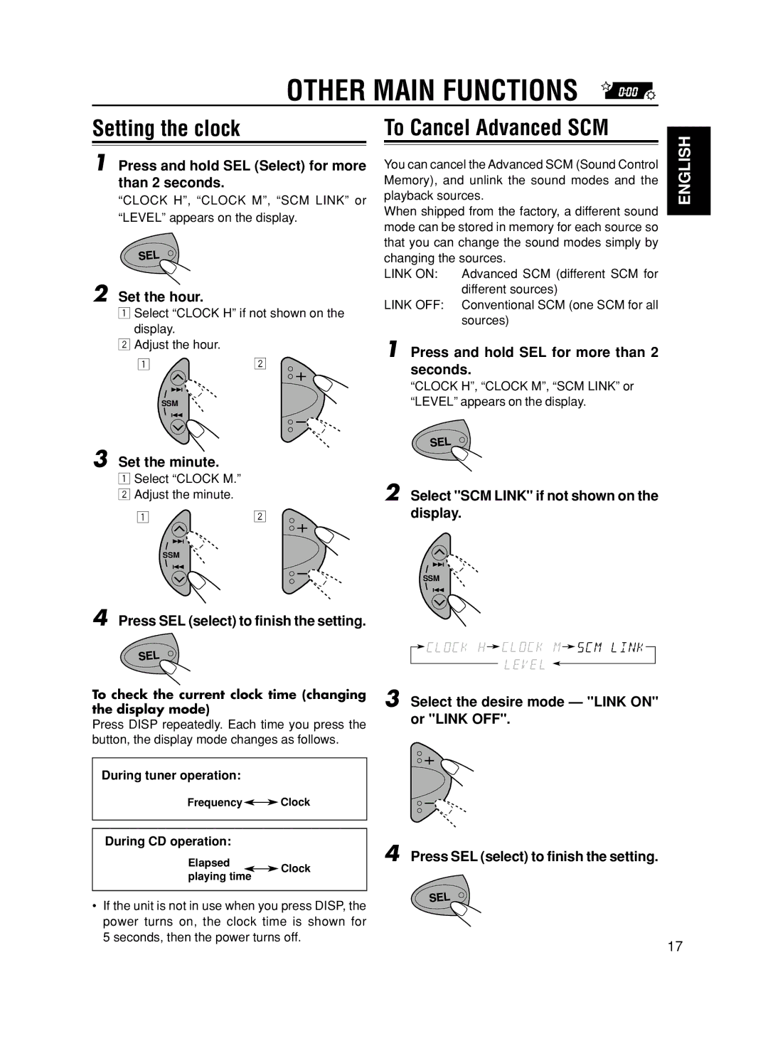 JVC KD-S580 manual Other Main Functions, Setting the clock, To Cancel Advanced SCM 