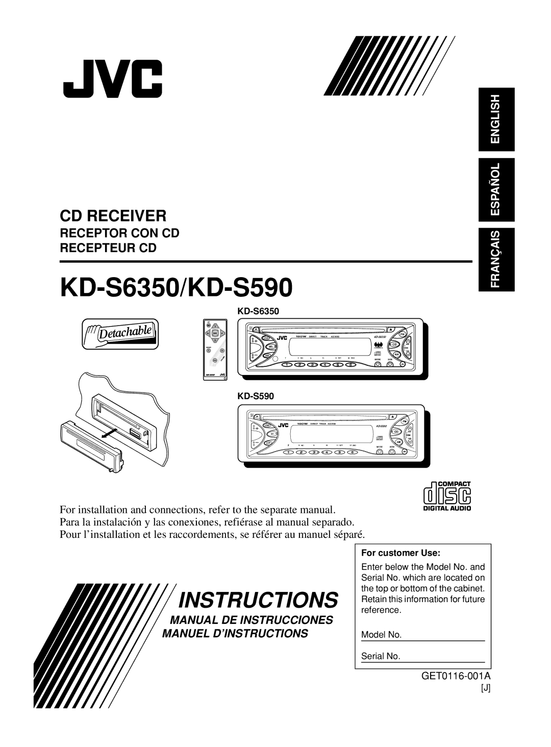 JVC KD-S590 manual KD-S6350, For customer Use 