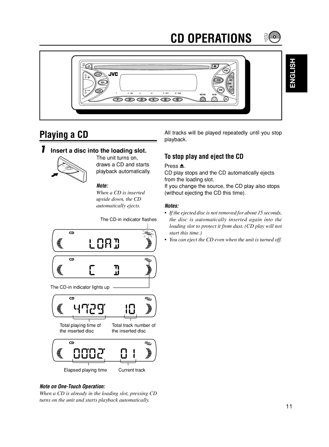 JVC KD-S590 manual CD Operations, Playing a CD, To stop play and eject the CD, Insert a disc into the loading slot 