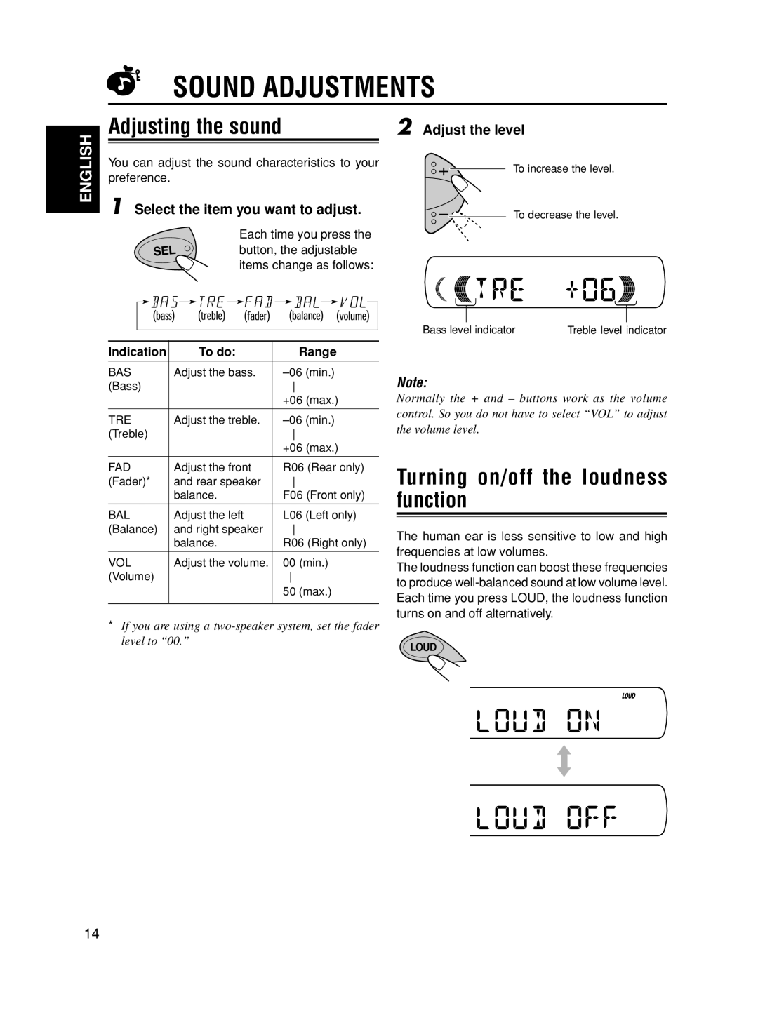 JVC KD-S590 manual Sound Adjustments, Adjusting the sound, Turning on/off the loudness function, Adjust the level 