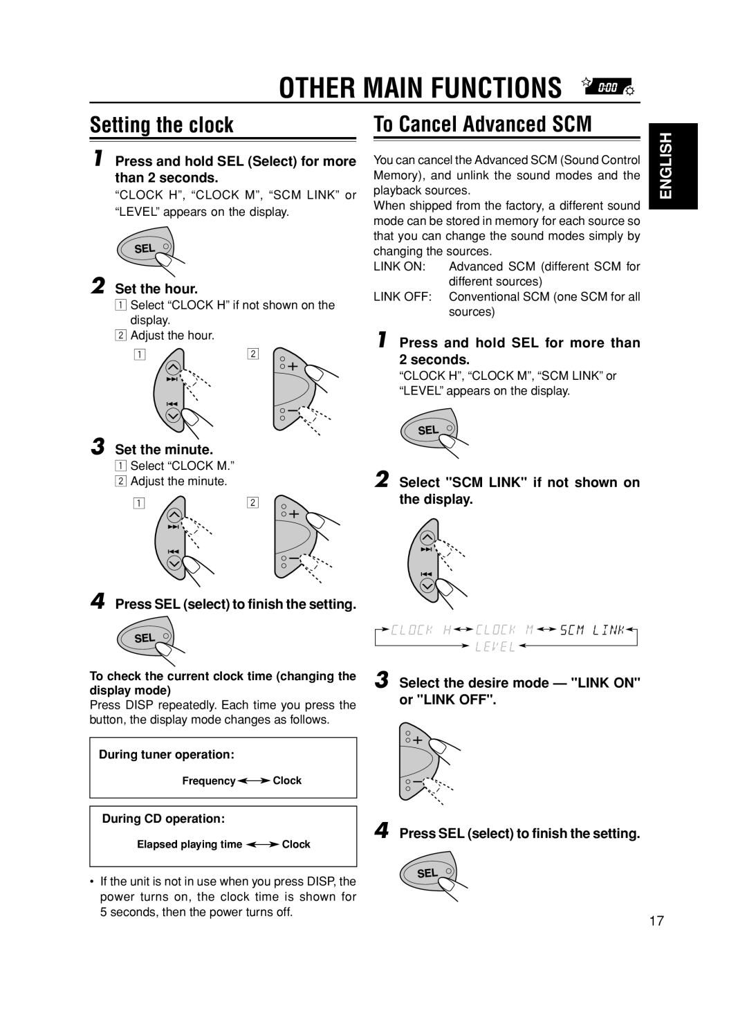 JVC KD-S590 manual Other Main Functions, Setting the clock, To Cancel Advanced SCM 