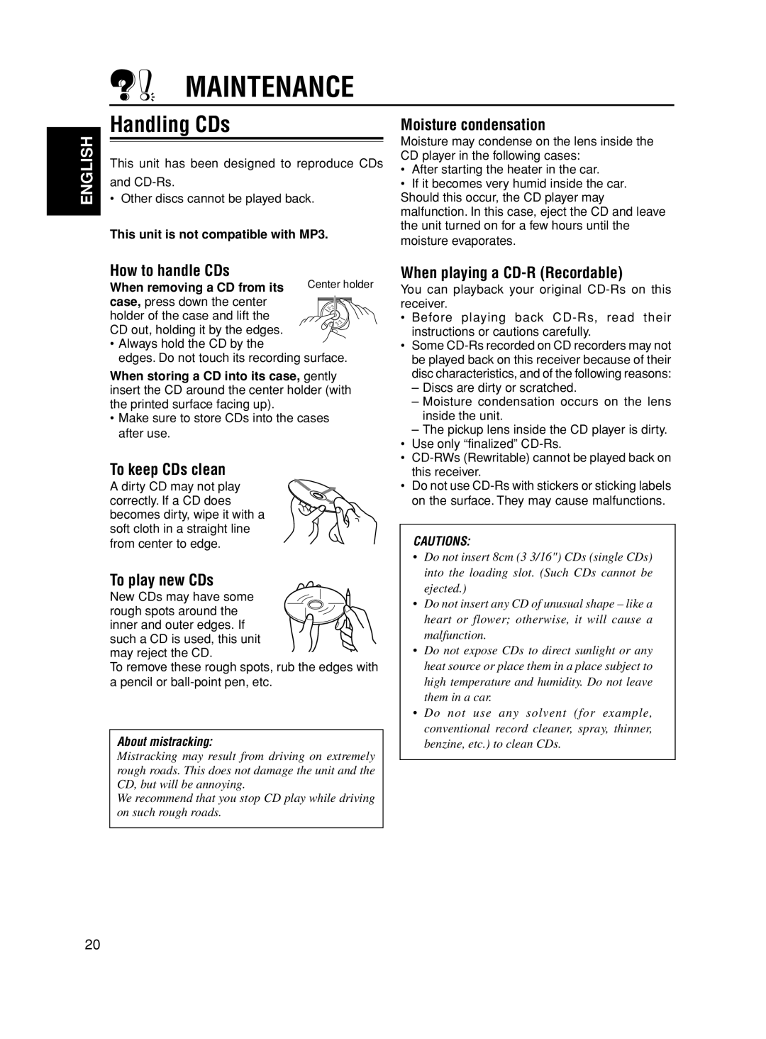 JVC KD-S590 manual Maintenance, Handling CDs 