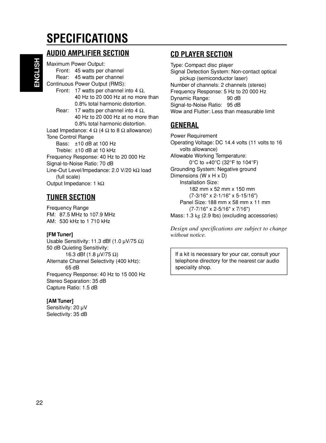 JVC KD-S590 manual Specifications, FM Tuner, AM Tuner 