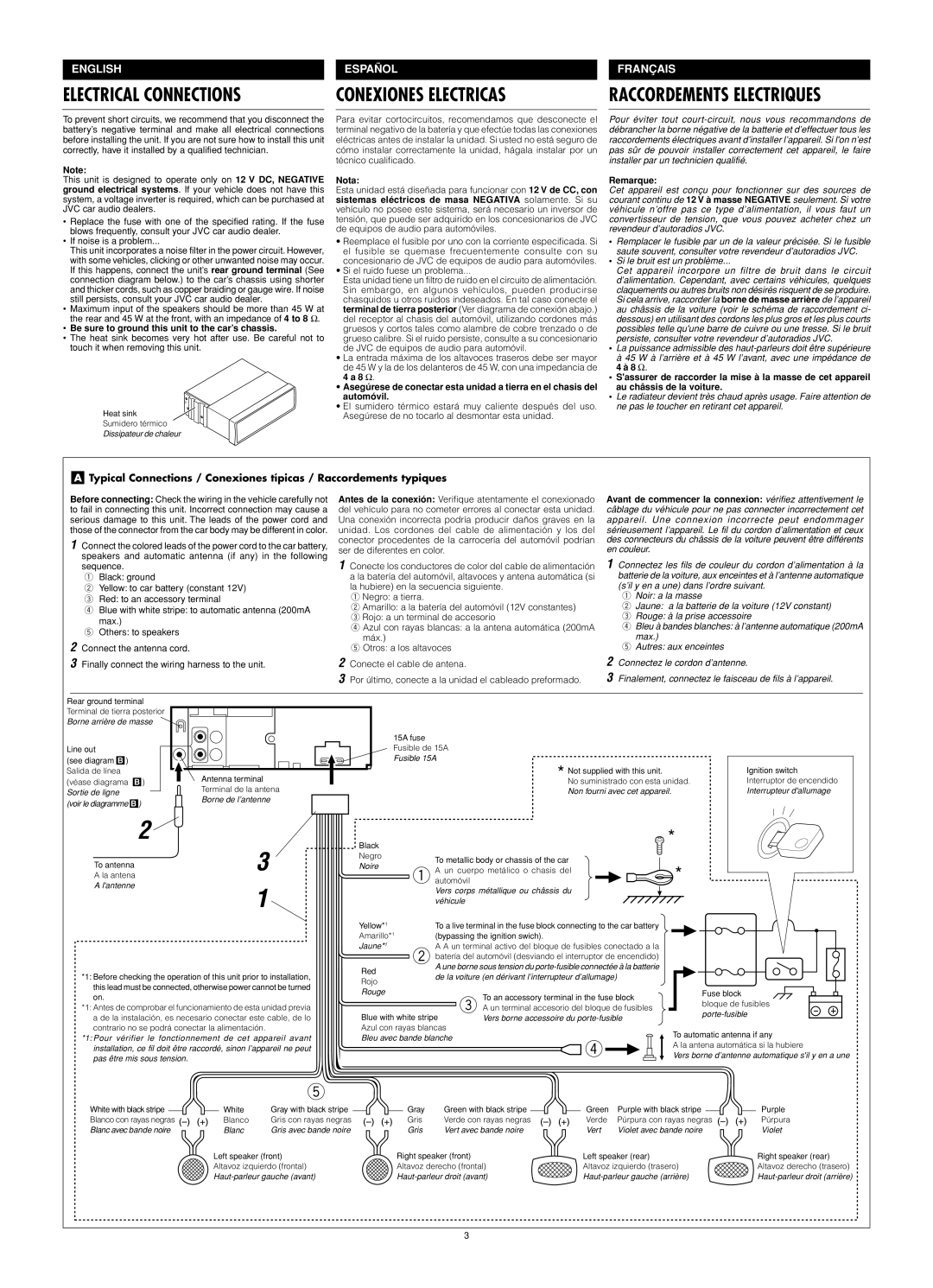 JVC KD-S590 manual Be sure to ground this unit to the car’s chassis, Nota, Remarque 