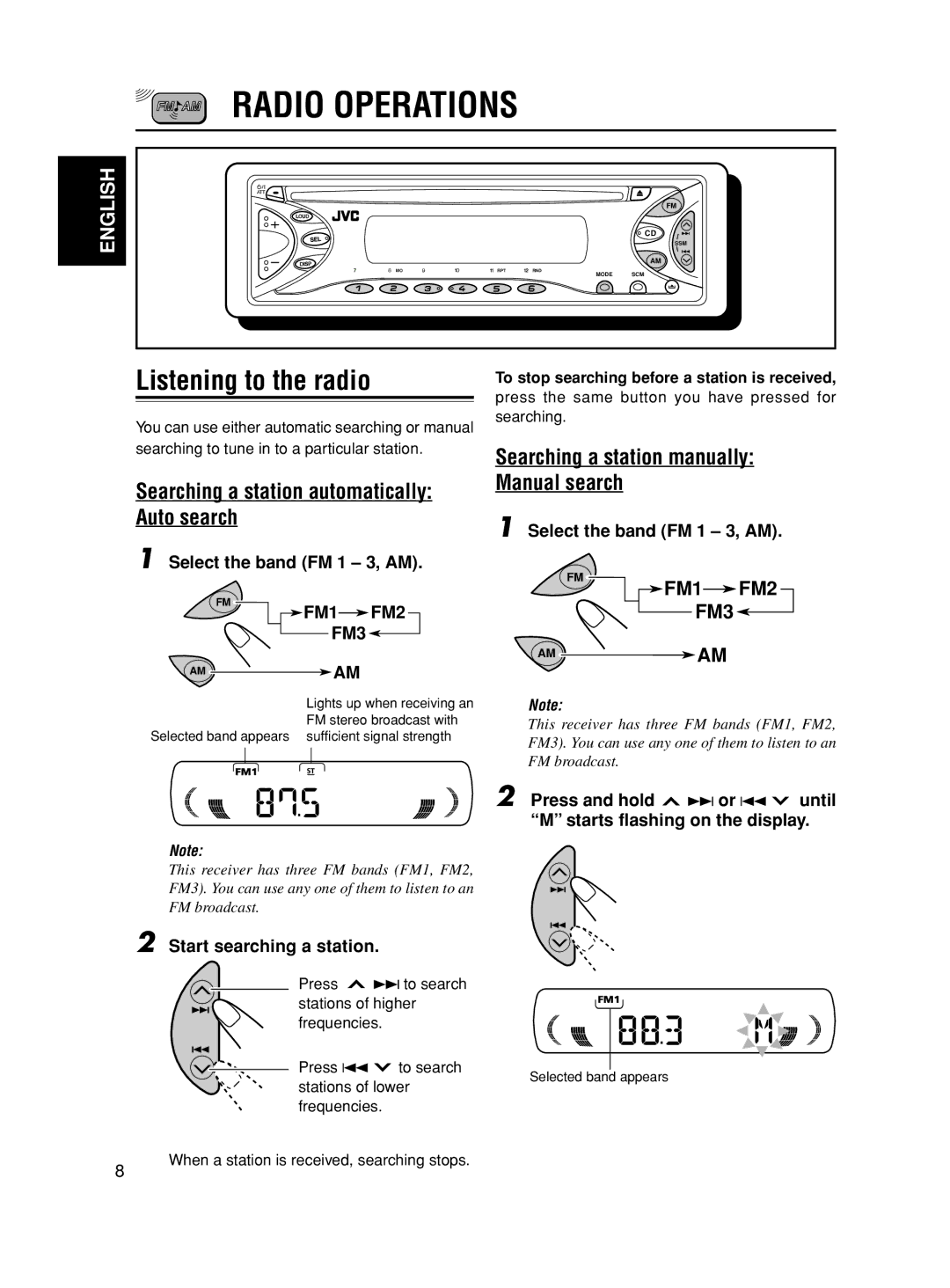 JVC KD-S590 manual Radio Operations, Listening to the radio, Searching a station automatically Auto search, FM1 FM2 FM3 