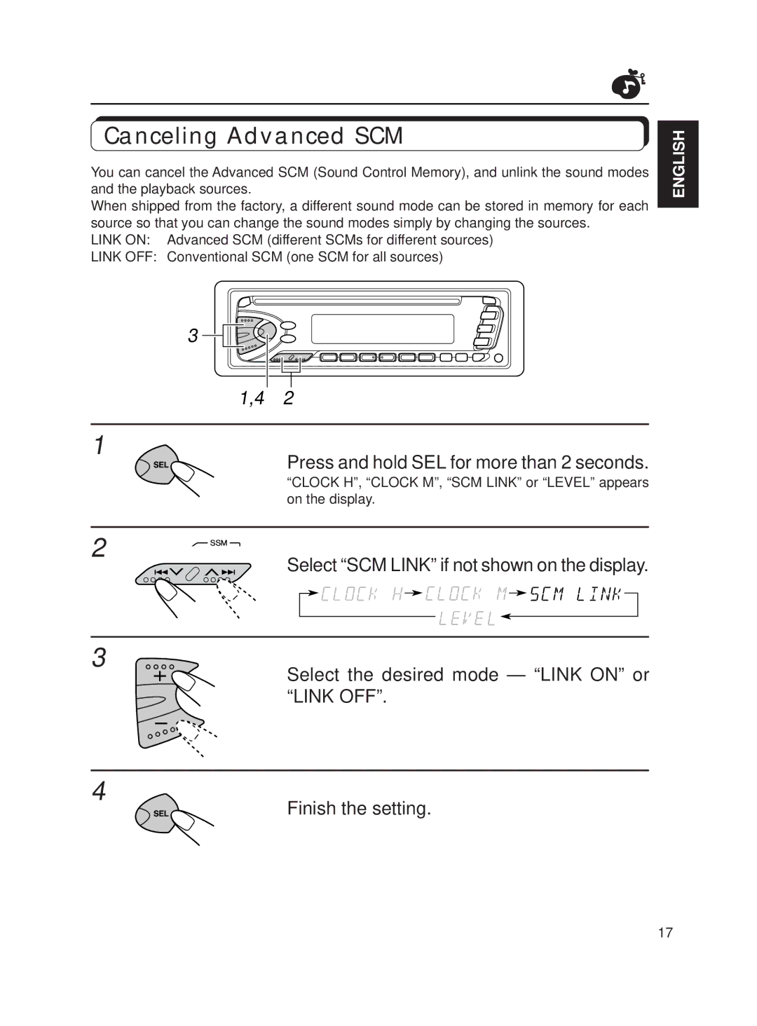 JVC KD-S611 manual Canceling Advanced SCM, Press and hold SEL for more than 2 seconds 