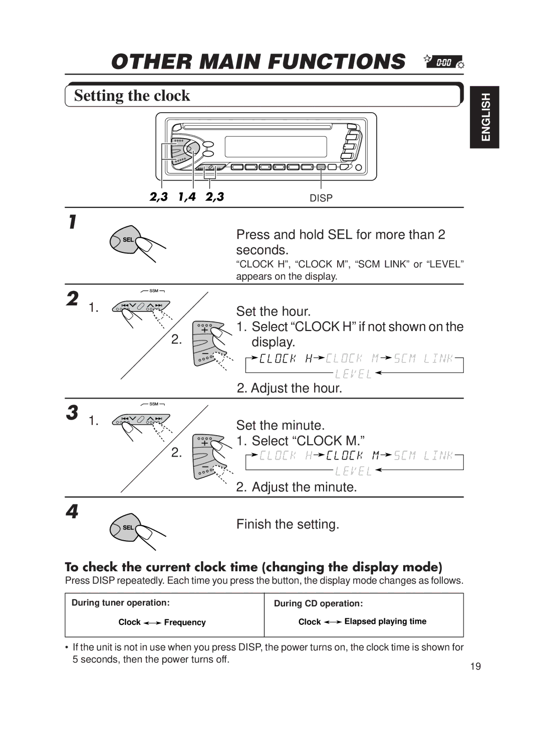 JVC KD-S611 manual Other Main Functions, Setting the clock 