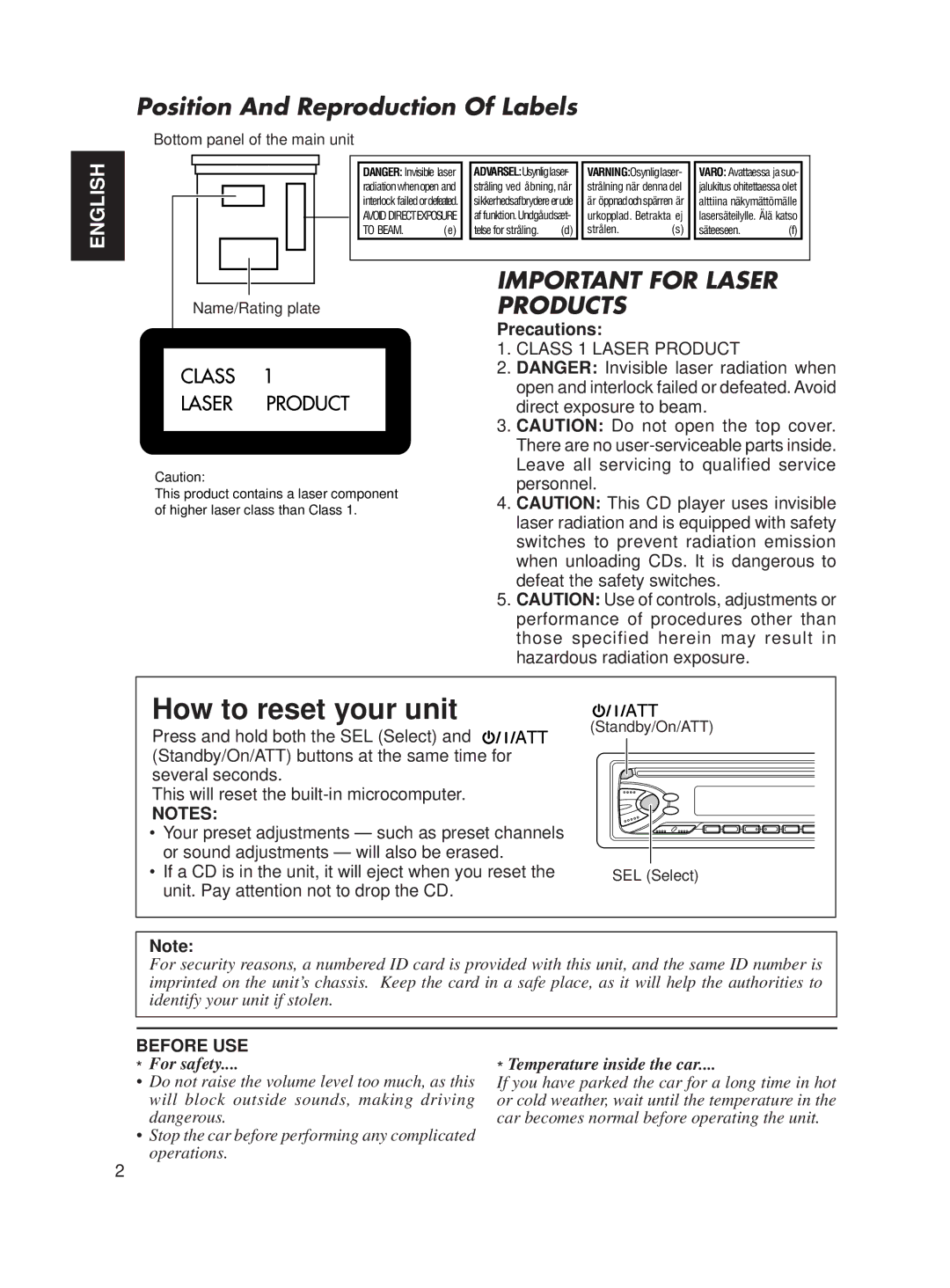 JVC KD-S611 manual Position And Reproduction Of Labels, Precautions 