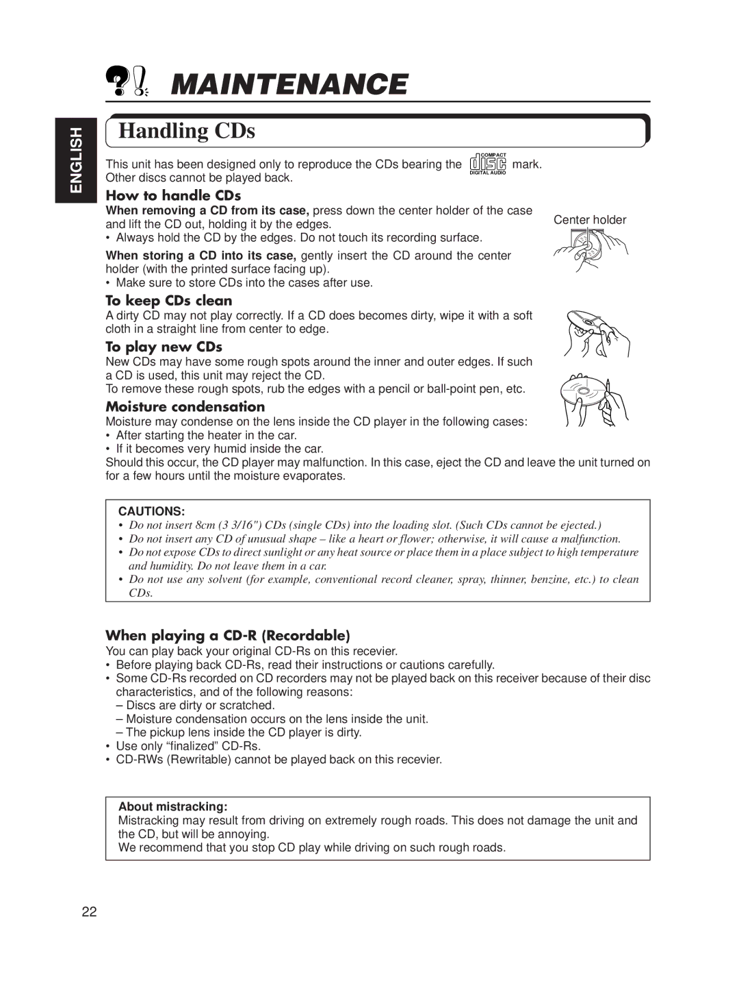 JVC KD-S611 manual Maintenance, Handling CDs 