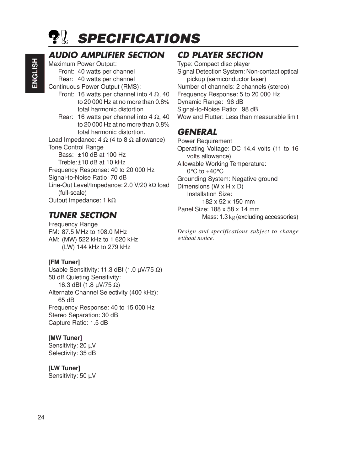 JVC KD-S611 manual Specifications, FM Tuner, MW Tuner, LW Tuner 