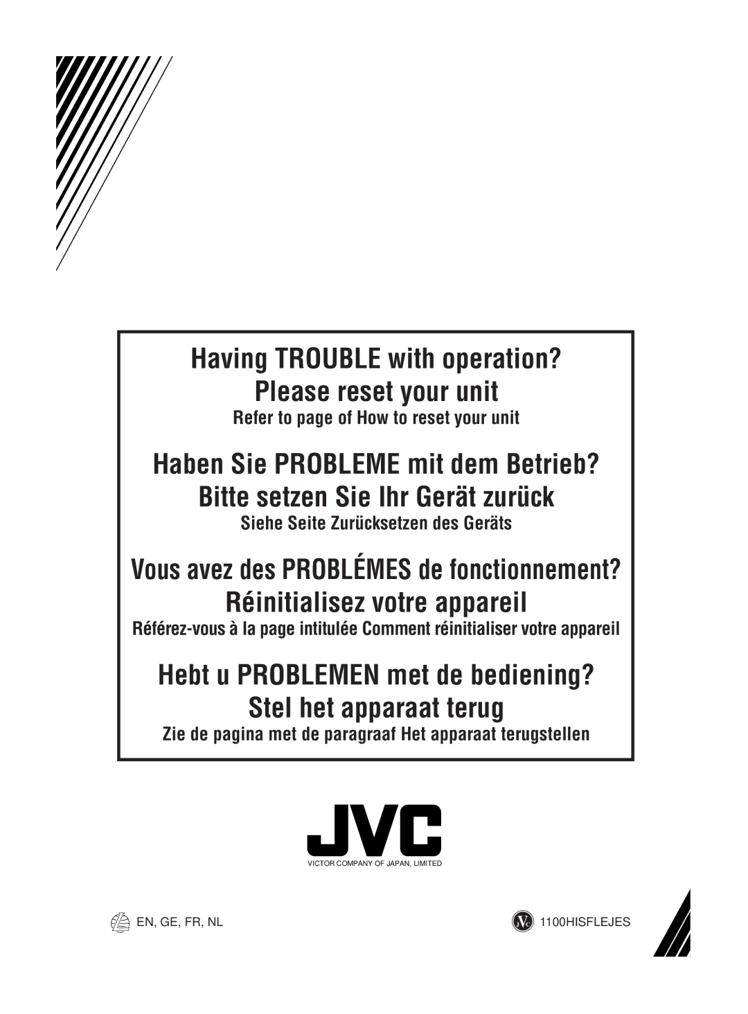 JVC KD-S611 manual Having Trouble with operation? Please reset your unit 