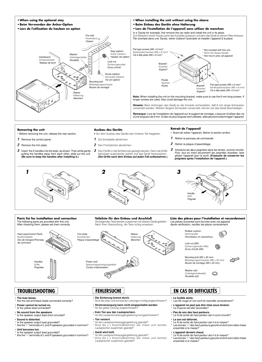 JVC KD-S611 manual Be sure to keep the handles after installing it, Die Griffe nach dem Einbau auf jeden Fall aufbewahren 