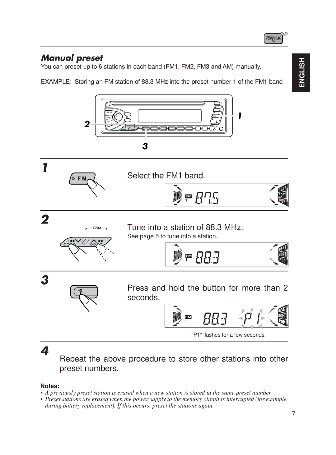 JVC KD-S611 manual Manual preset, Tune into a station of 88.3 MHz, Press and hold the button for more than 2 seconds 