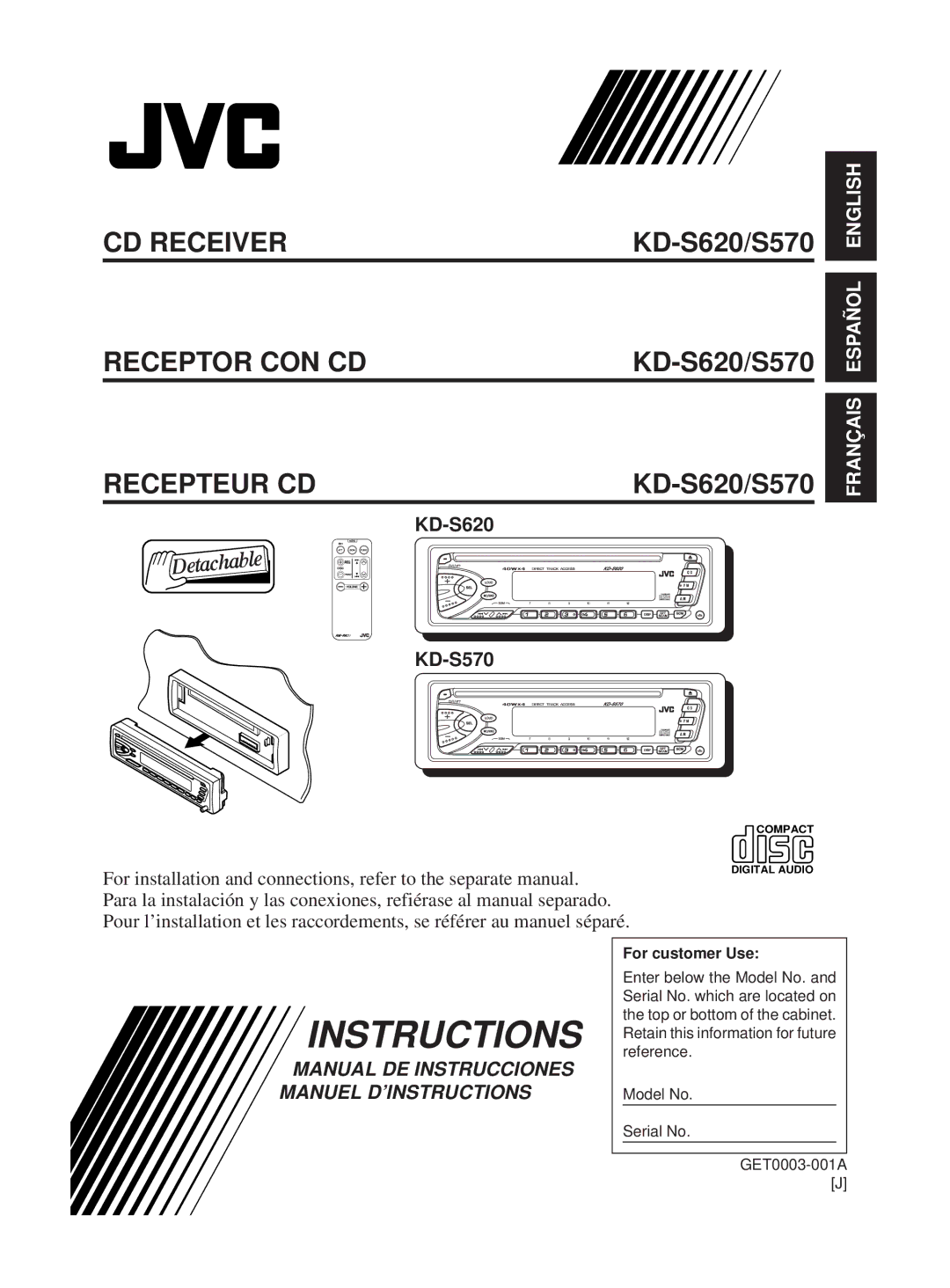 JVC KD-S620 manual Instructions, Recepteur CD 