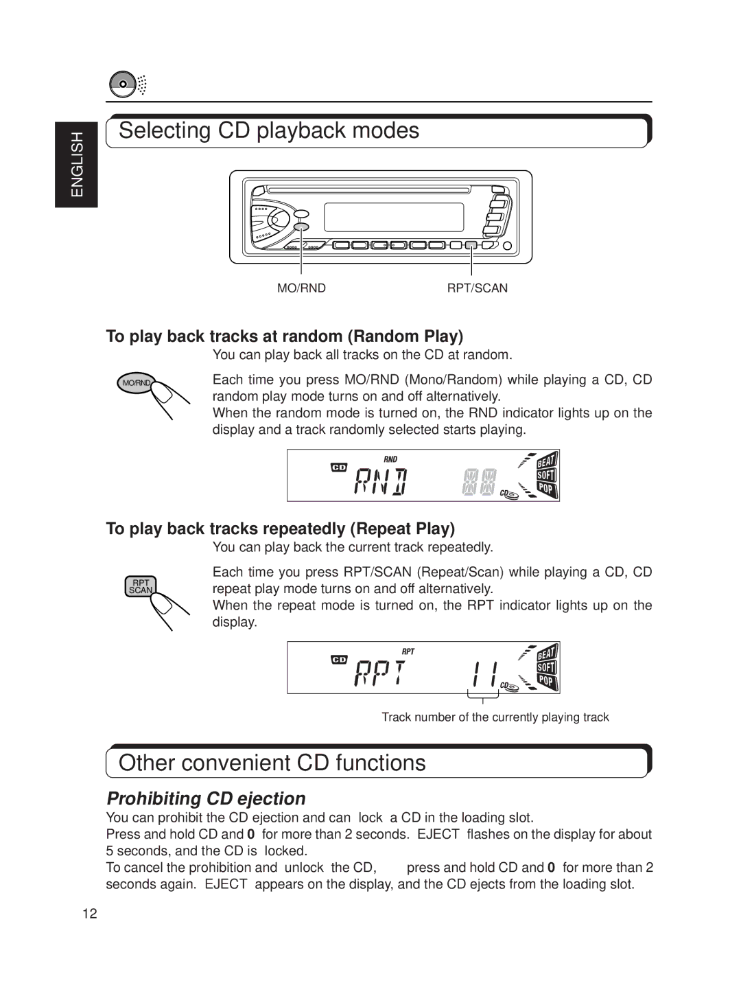 JVC KD-S620 manual Selecting CD playback modes, Other convenient CD functions, Prohibiting CD ejection 