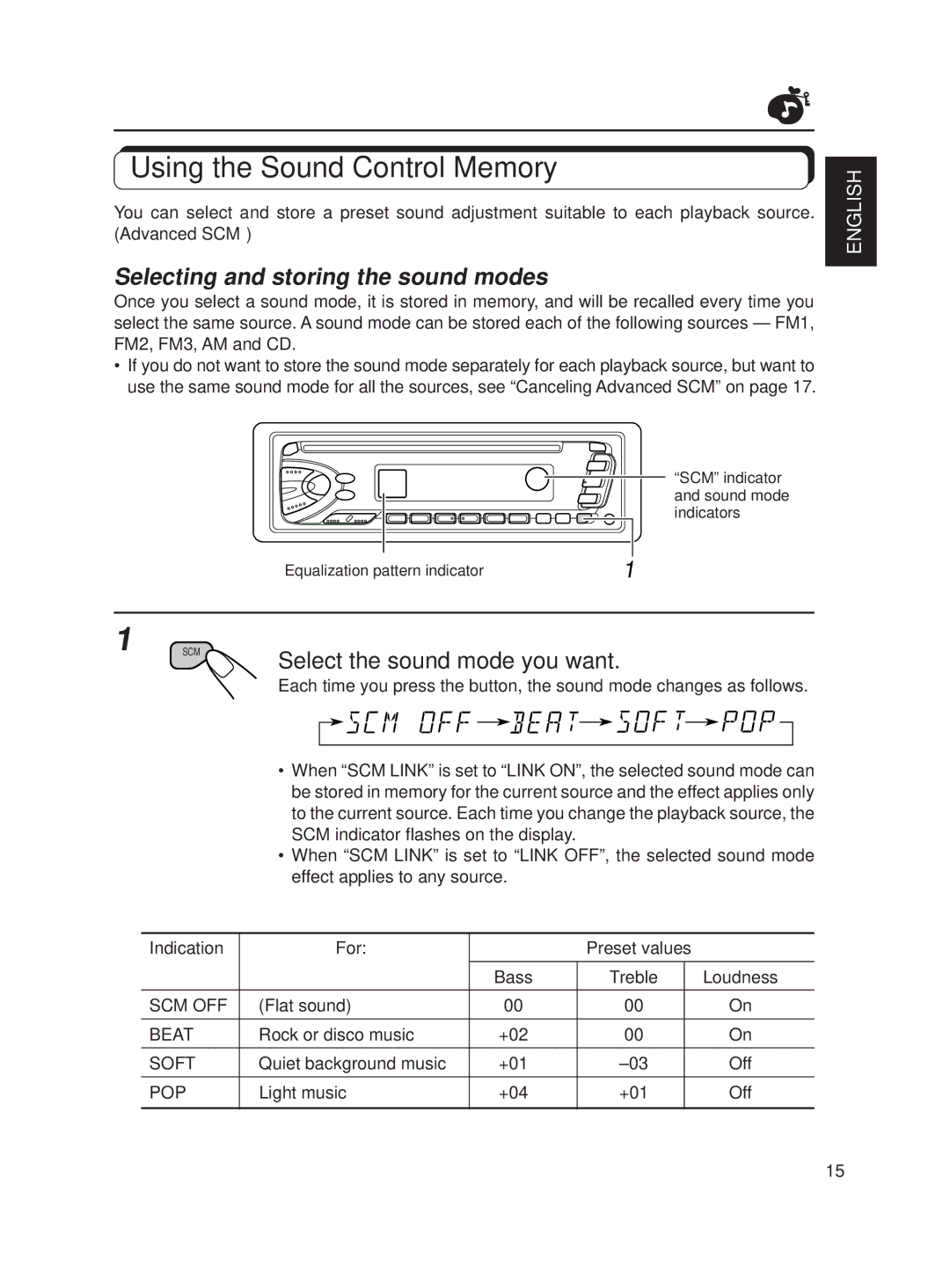 JVC KD-S620 manual Using the Sound Control Memory, Selecting and storing the sound modes, Indication For Preset values 