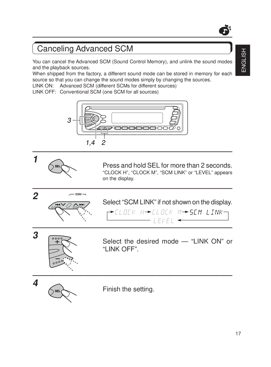 JVC KD-S620 manual Canceling Advanced SCM, Press and hold SEL for more than 2 seconds 