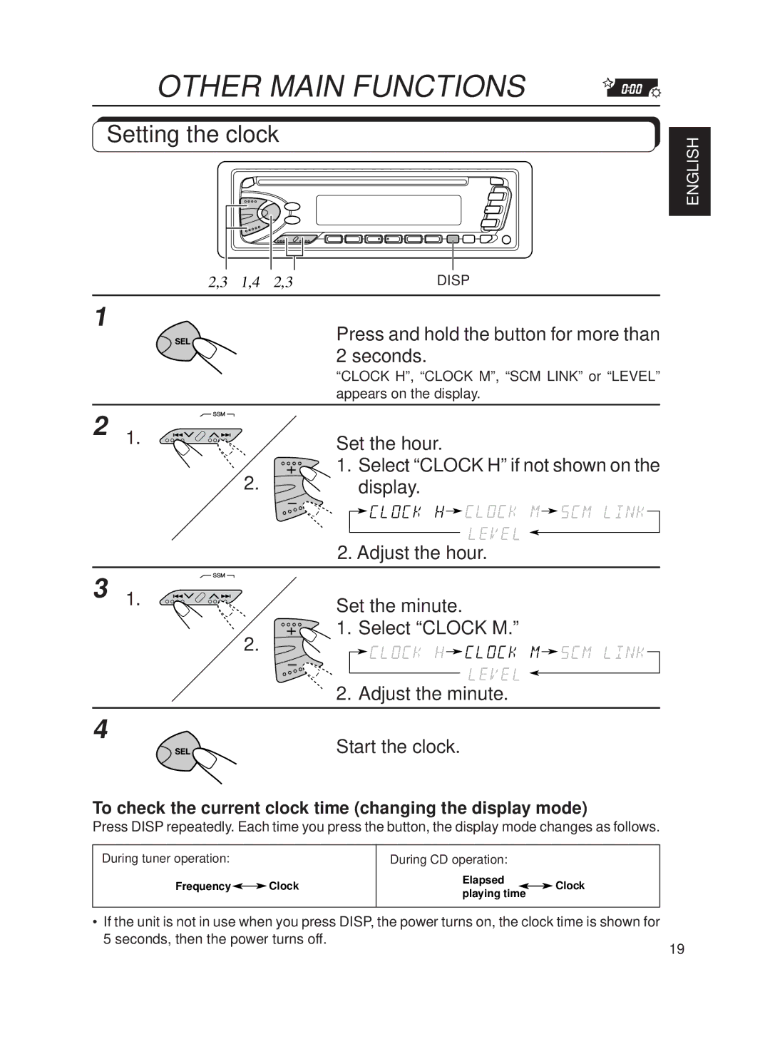 JVC KD-S620 manual Other Main Functions, Setting the clock 