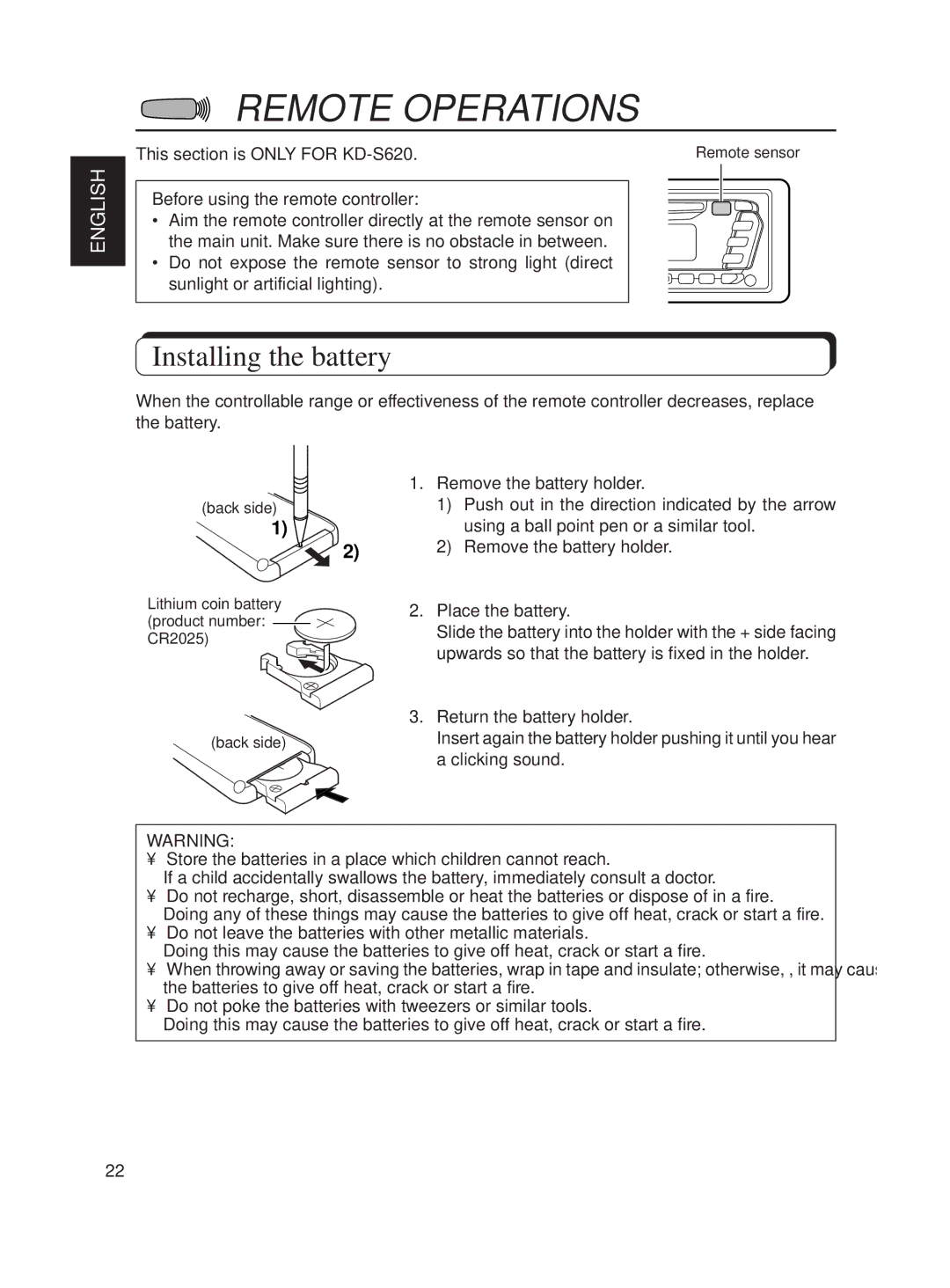 JVC KD-S620 manual Remote Operations, Installing the battery 