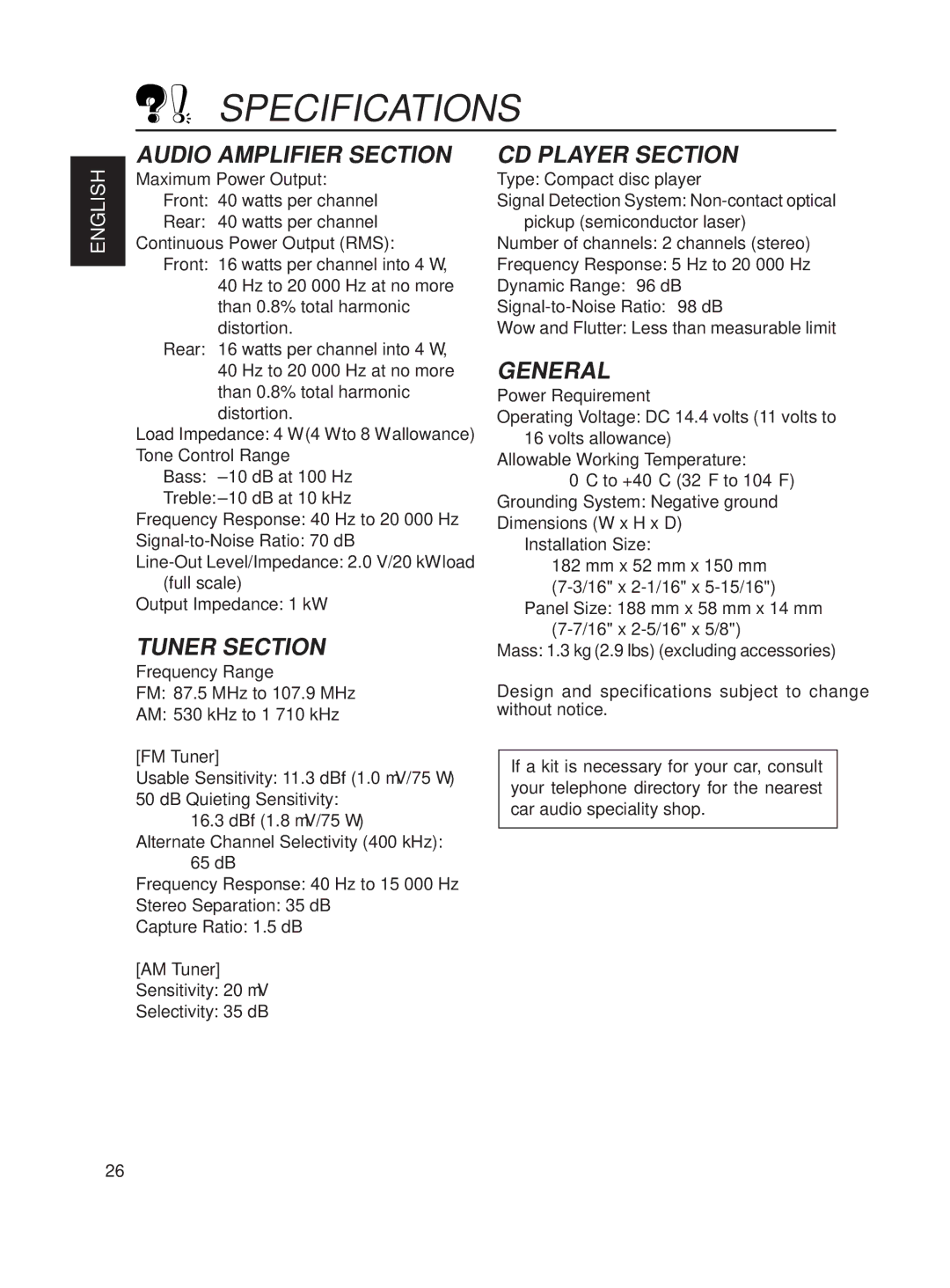 JVC KD-S620 manual Specifications, FM Tuner, AM Tuner 