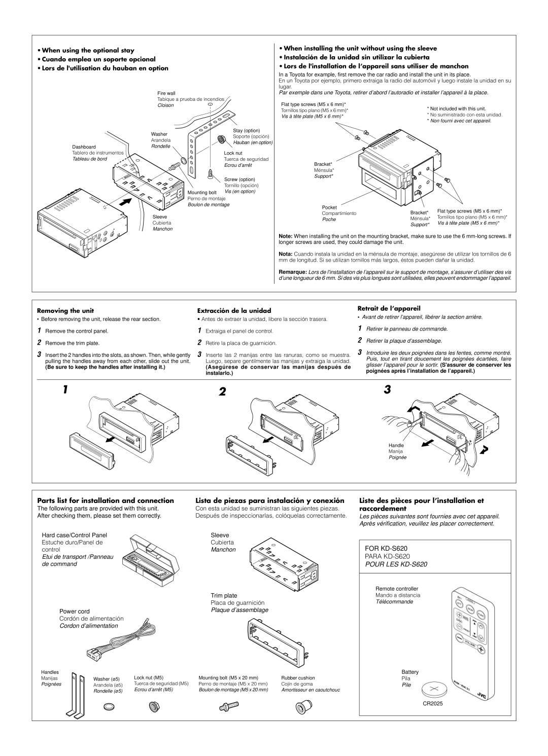 JVC KD-S620 manual Parts list for installation and connection, Lista de piezas para instalación y conexión 