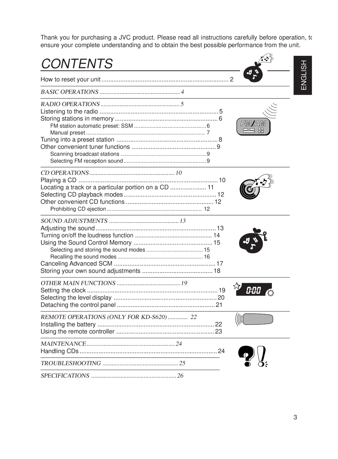 JVC KD-S620 manual Contents 