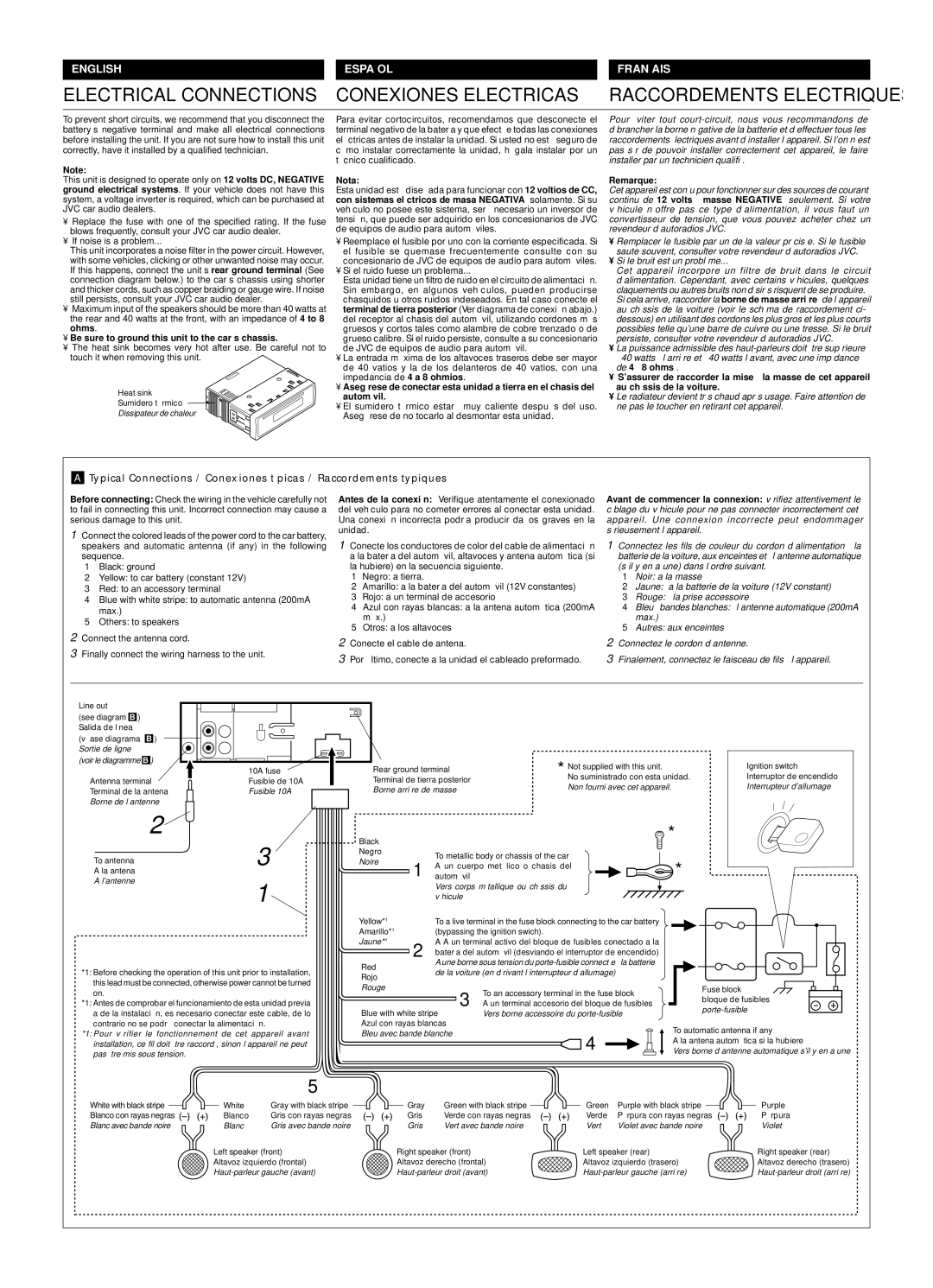 JVC KD-S620 manual Be sure to ground this unit to the car’s chassis, Nota, Remarque 