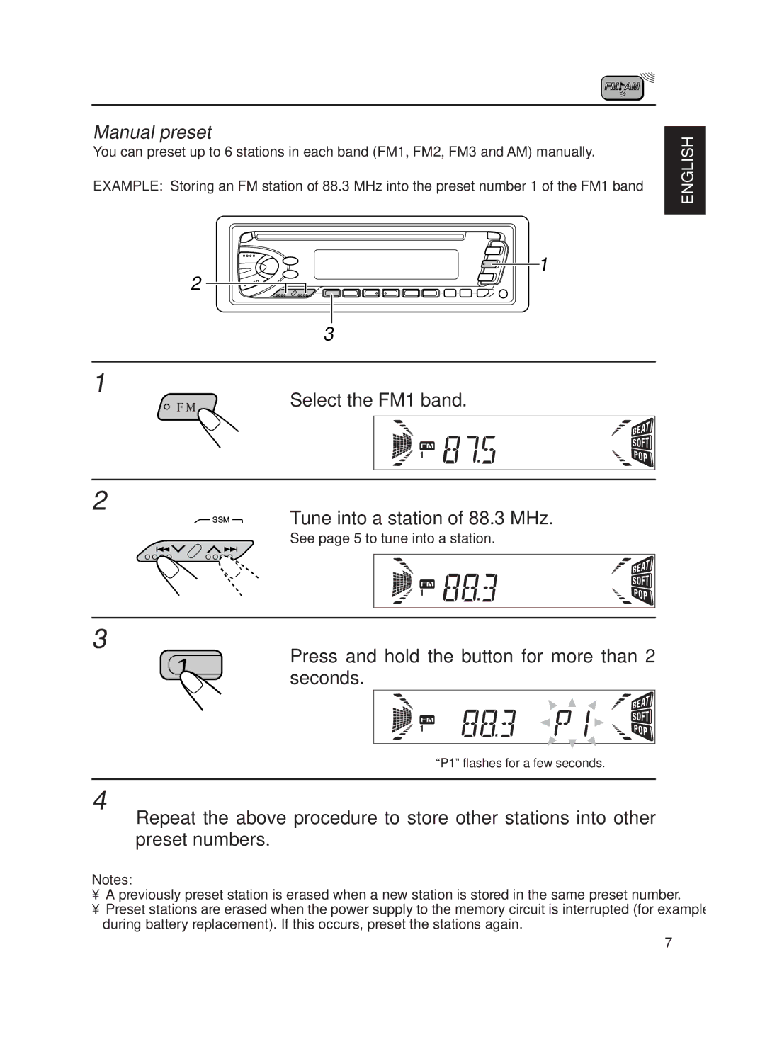 JVC KD-S620 manual Manual preset, Tune into a station of 88.3 MHz, Press and hold the button for more than 2 seconds 