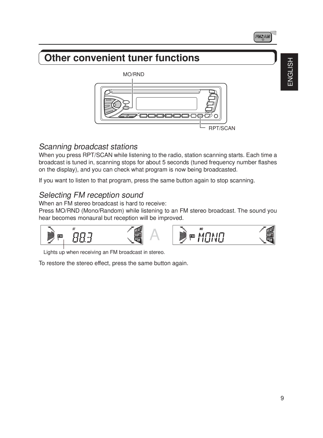 JVC KD-S620 manual Other convenient tuner functions, Scanning broadcast stations, Selecting FM reception sound 