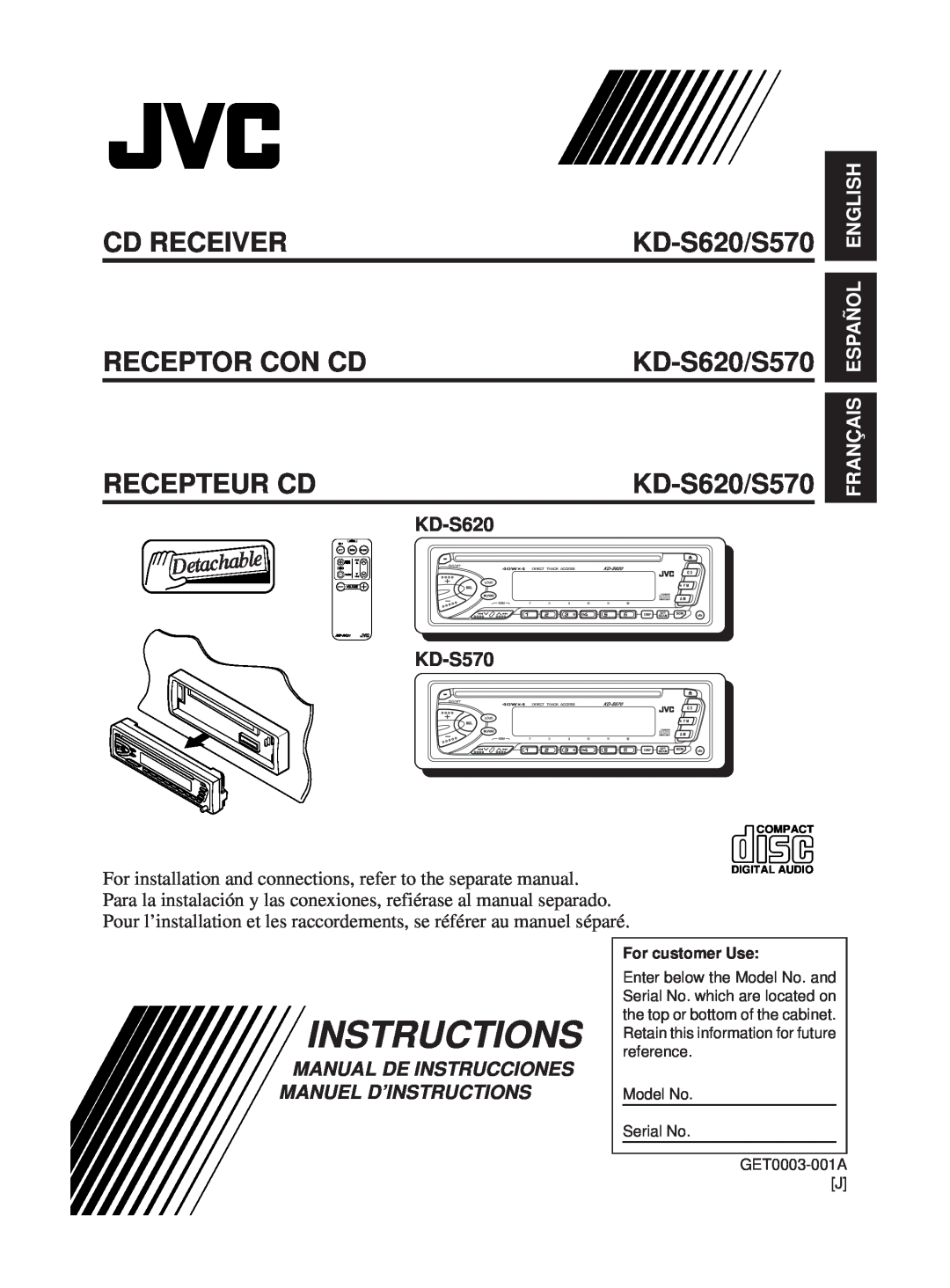 JVC KD-S620 manual KD-S570, Français Español English, Manual De Instrucciones Manuel D’Instructions, Cd Receiver 